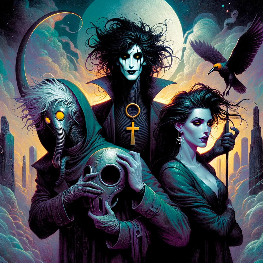 Sandman blog post A dark fantasy and horror themed artwork inspired by the Sandman universe. The scene depicts a mystical and eerie atmosphere featuring the three icon